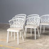 Matte white painted beech chair with upholstered seat in fabric 1970