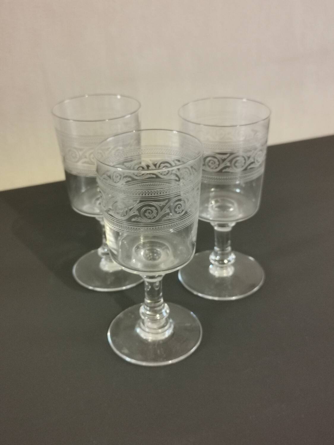 Blown and engraved art deco crystal wine glasses