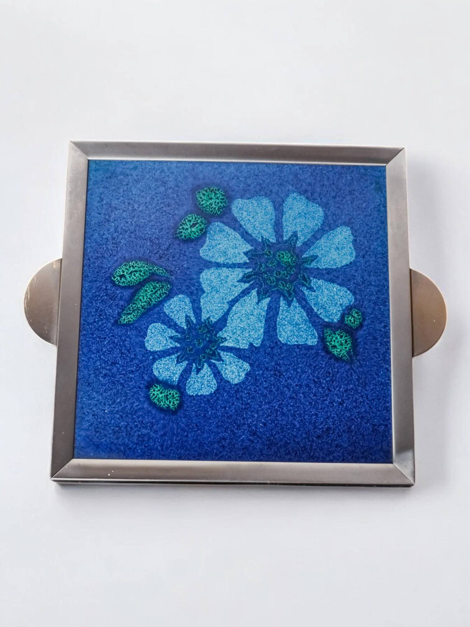 Space age floral blue ceramic trivet, Spain, 1970s