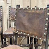 Suite of 4 Louis XIII chairs in oak and leather, early 20th century