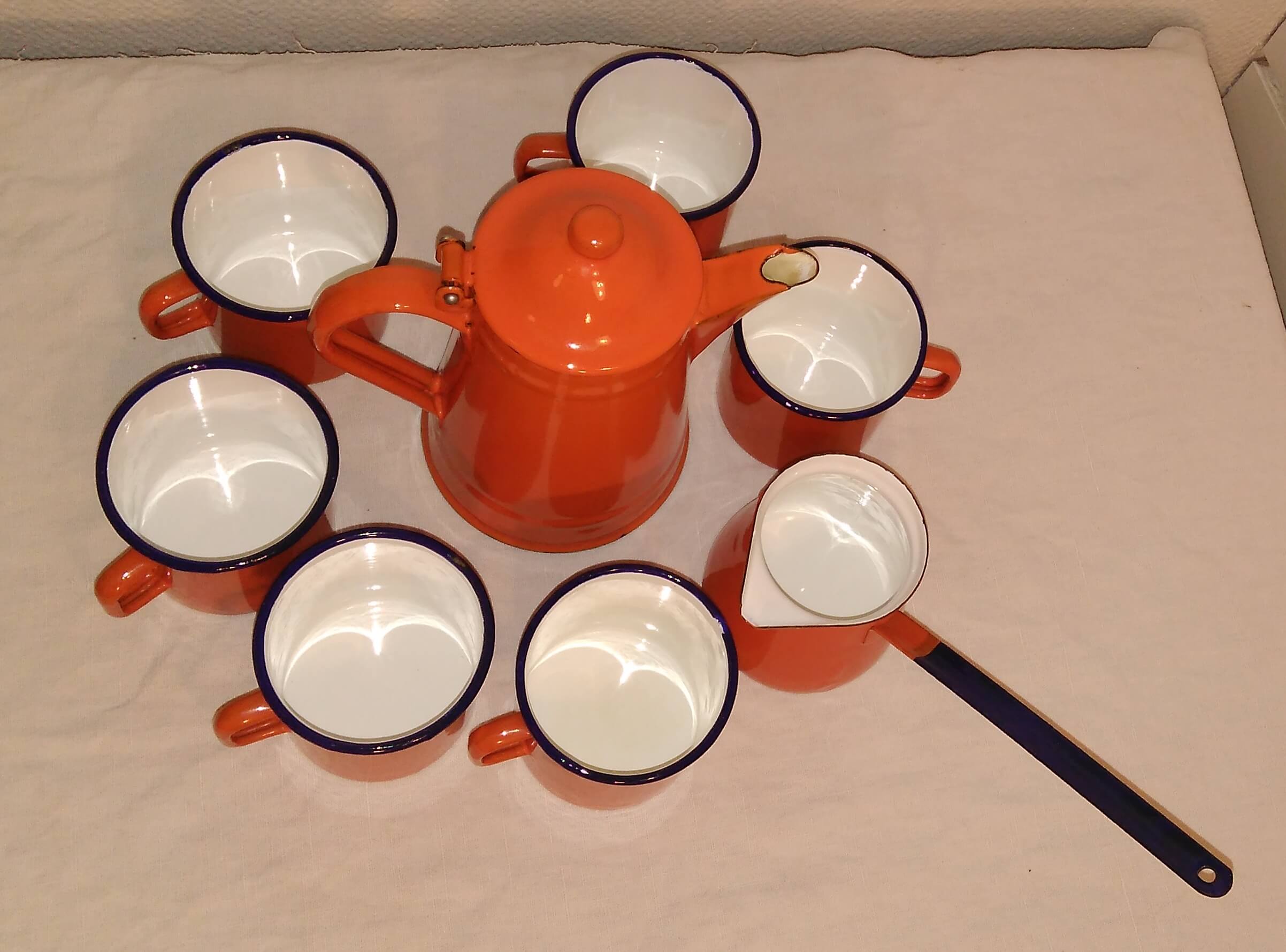 Orange enamelled iron coffee service