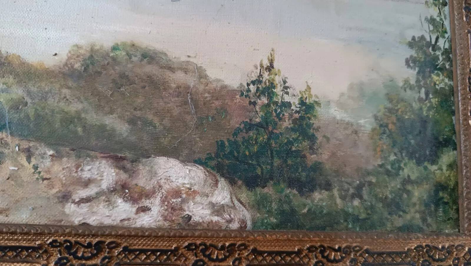 peinture à l'huile antique sur toile paysage lac de montagne début des années