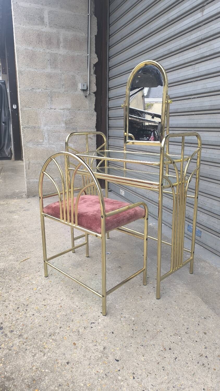 Gold metal dressing table and seat, Italy 1980