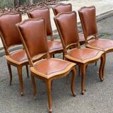 6 solid wood and leather chairs in Louis XV style