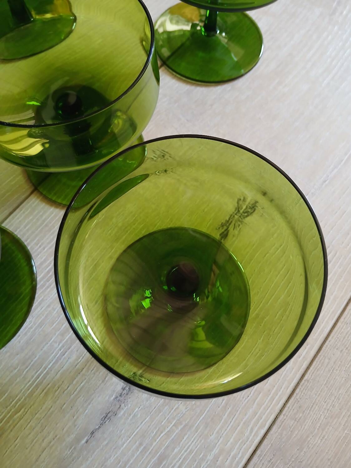 5 antique green champagne coupes