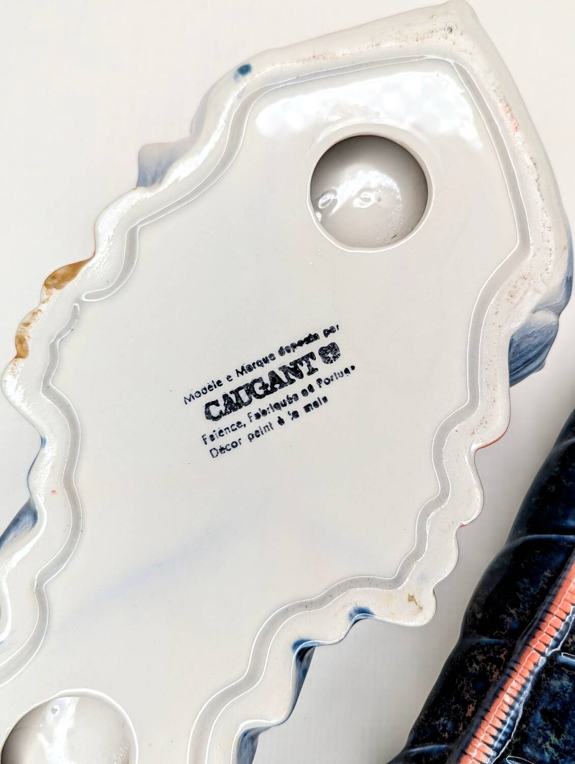 Lobster barbotine signed Michel Caugant midnight blue / coral