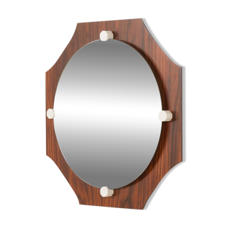 Mid-century rosewood octagonal Space Age mirror, Italy 1970s