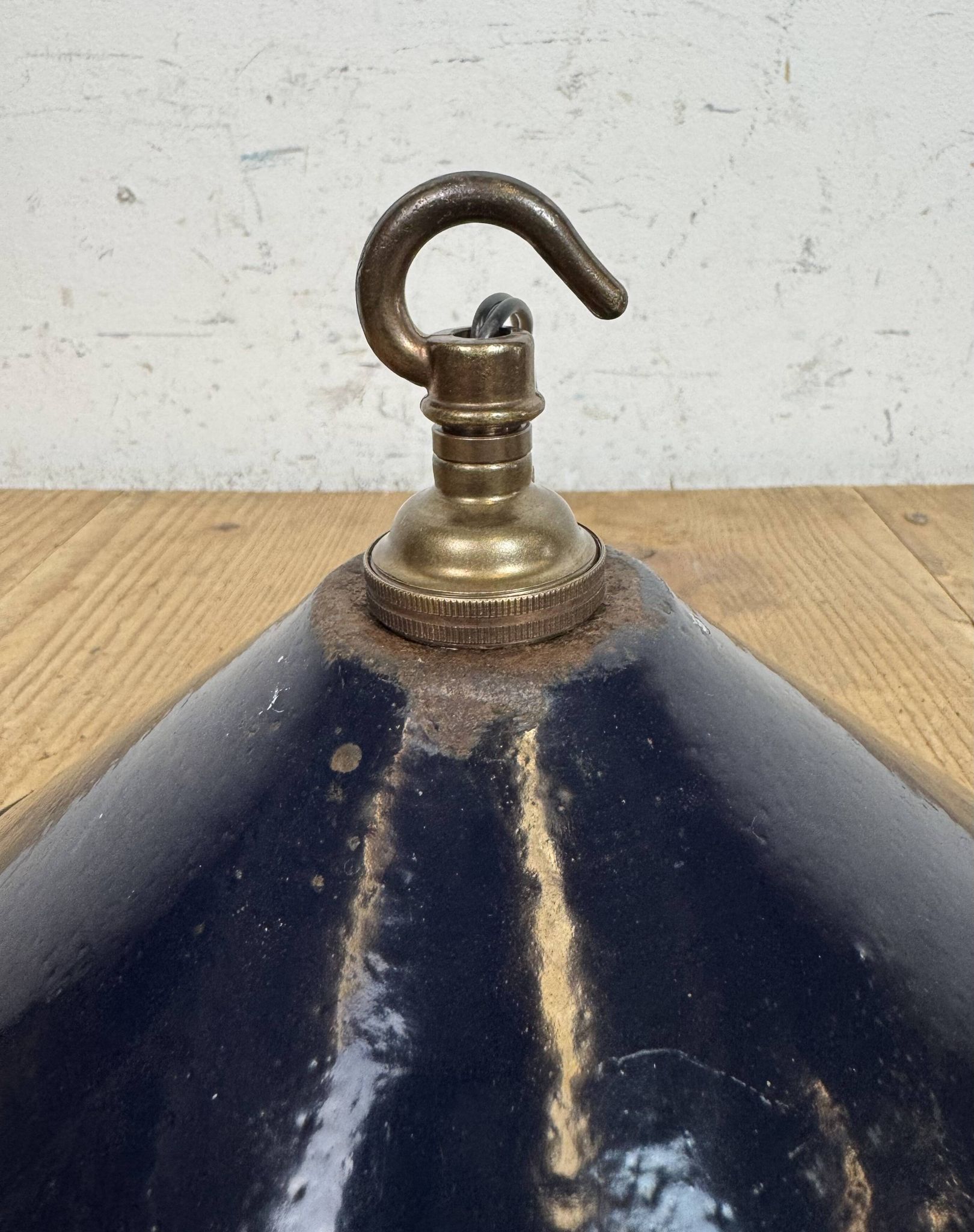 Industrial British Dark Blue Enamel Factory Pendant Lamp, 1950s