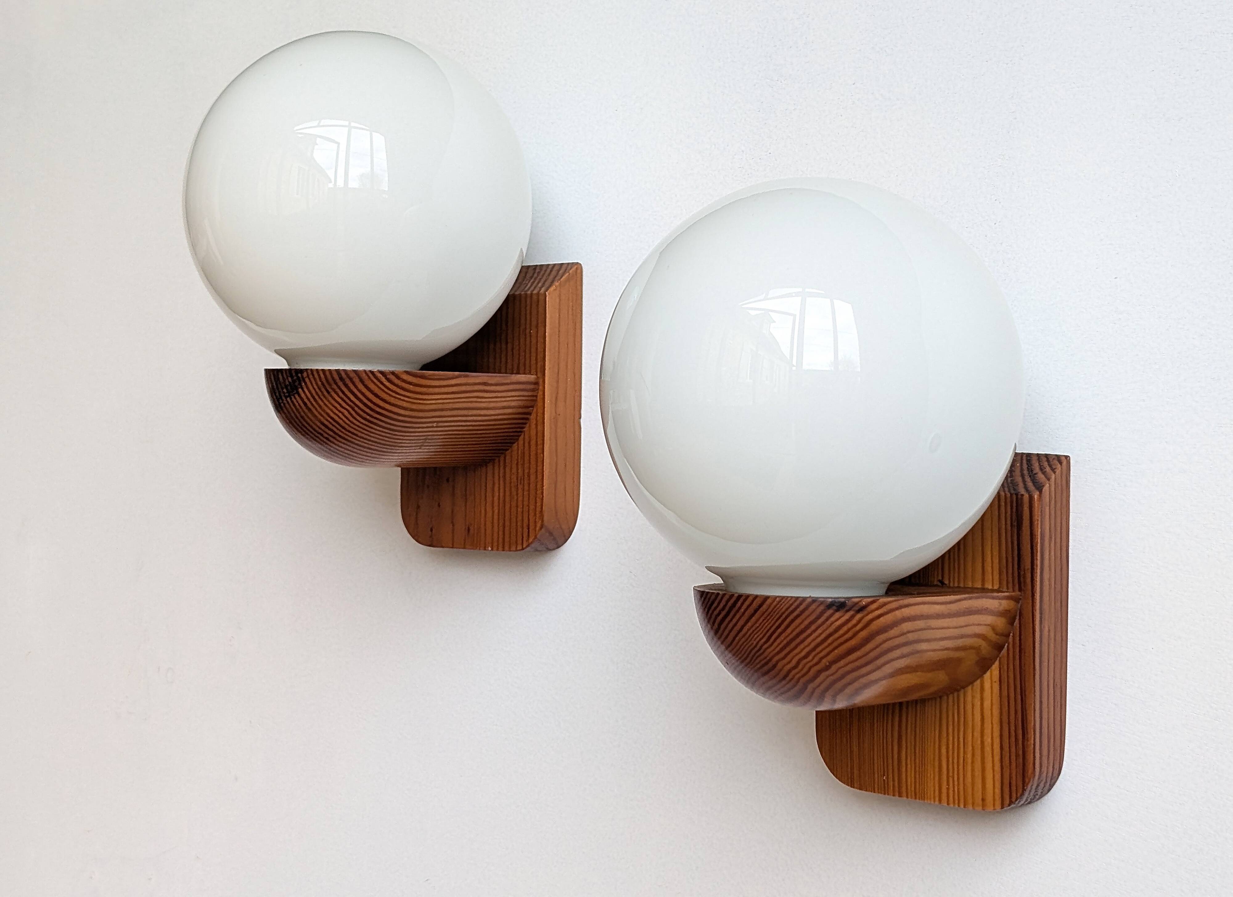 Pair of solid pine and opaline wall lights
