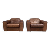Set of vintage brown leather De Sede DS105 lounge chairs, 1970s