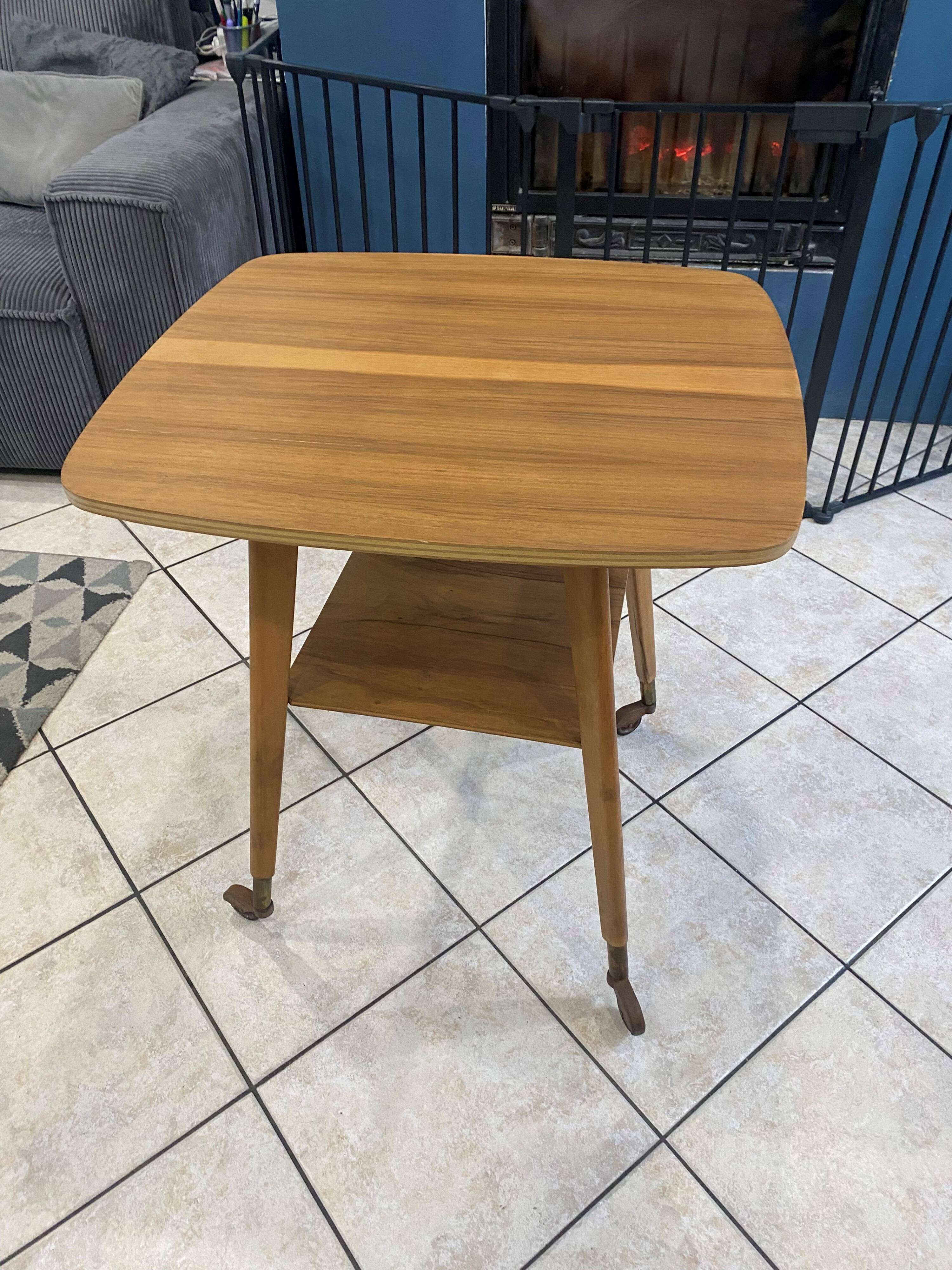 Scandinavian wooden side coffee table with vintage 50s swivel top