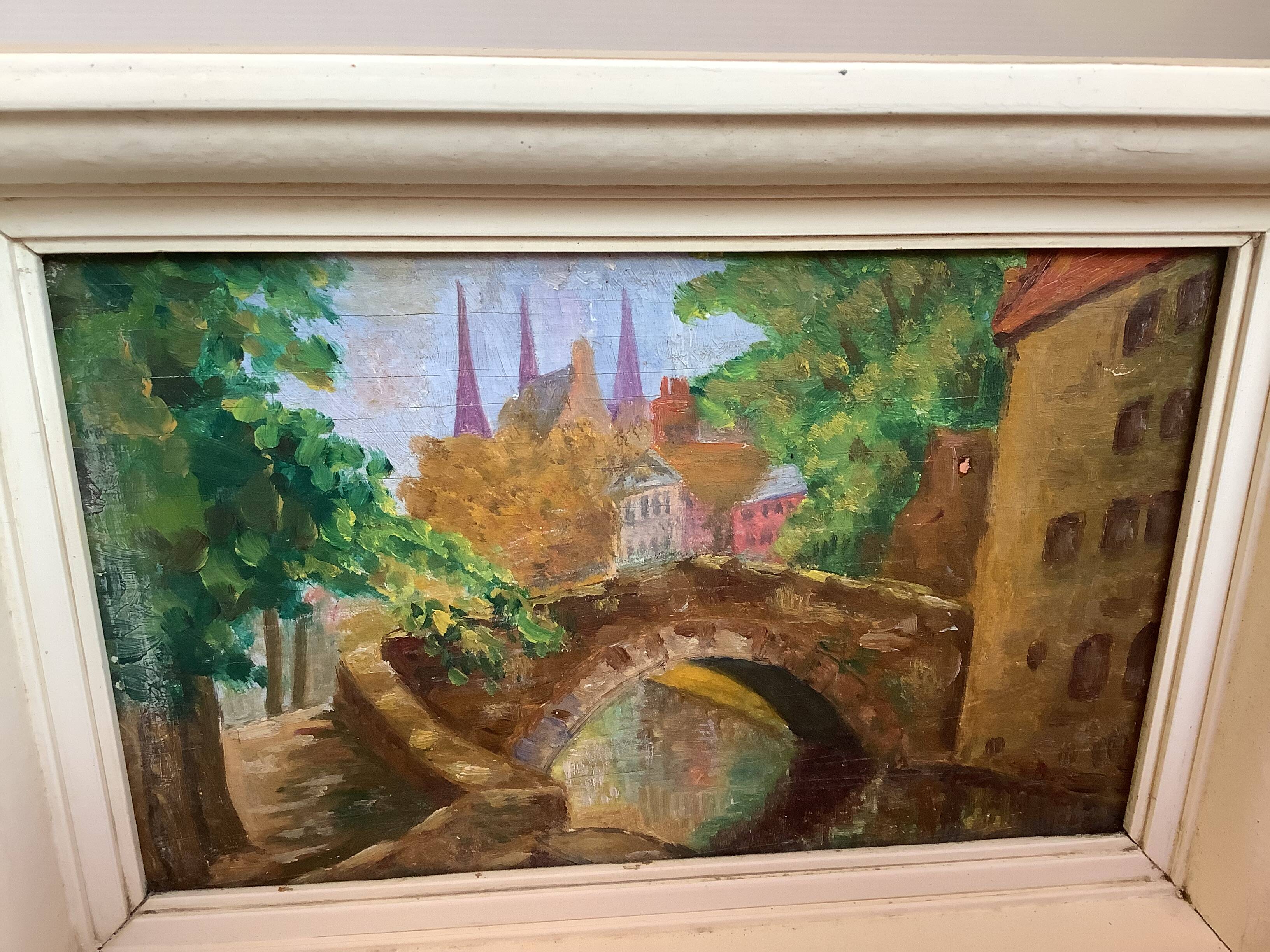 Mini painting of Bruges, Belgium, oil on wood panel.