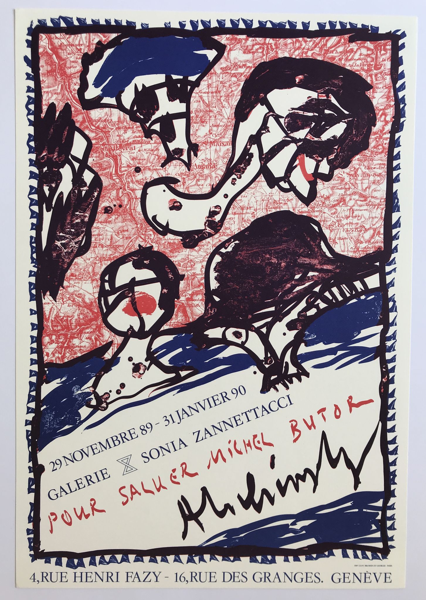 Original poster by pierre alechinsky, pour saluting michel butor / galerie sonia zannetacci, 1989