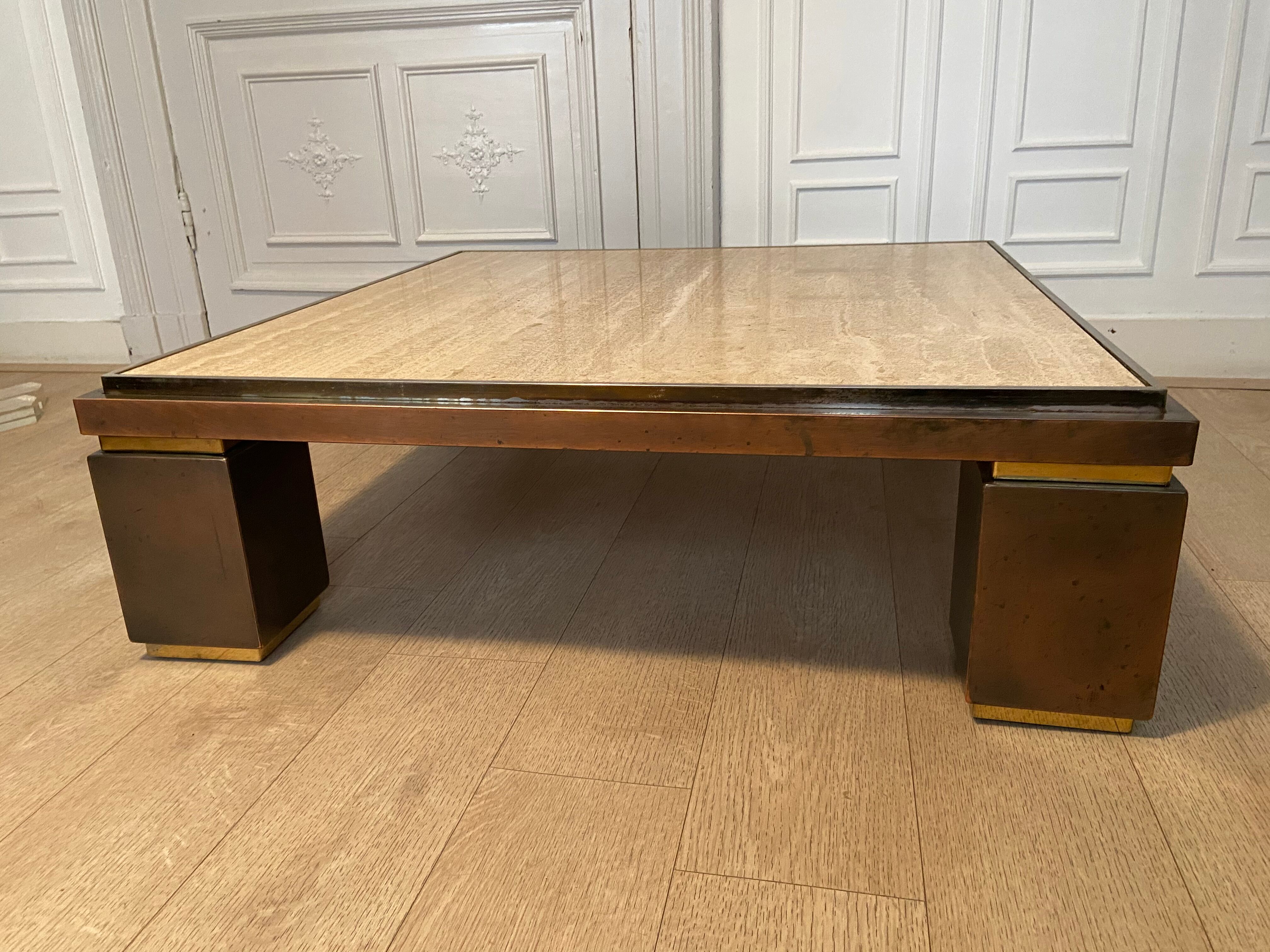 XXL copper brass and travertine square coffee table, Belgo Chrom