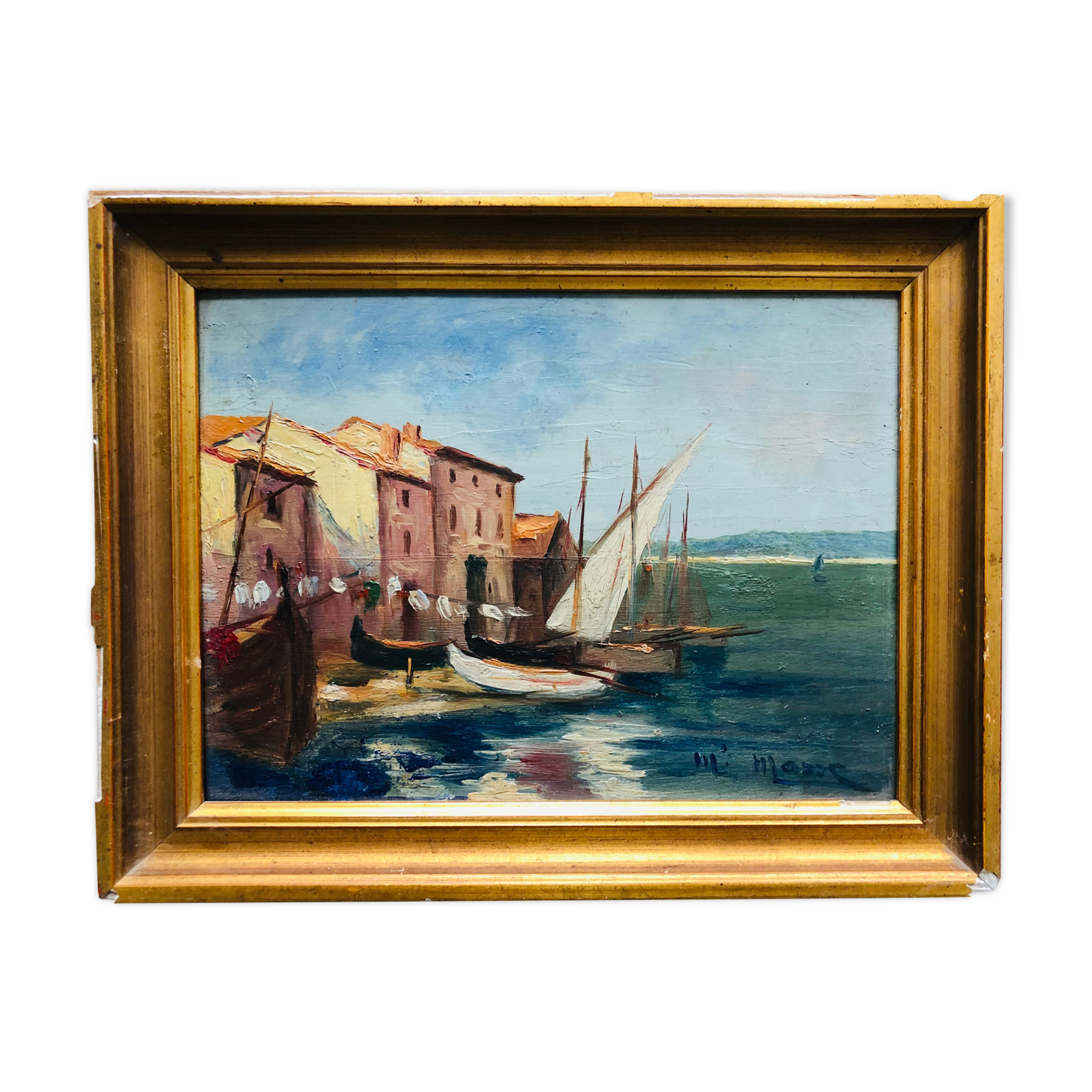 Oil on panel: sailboats at the port