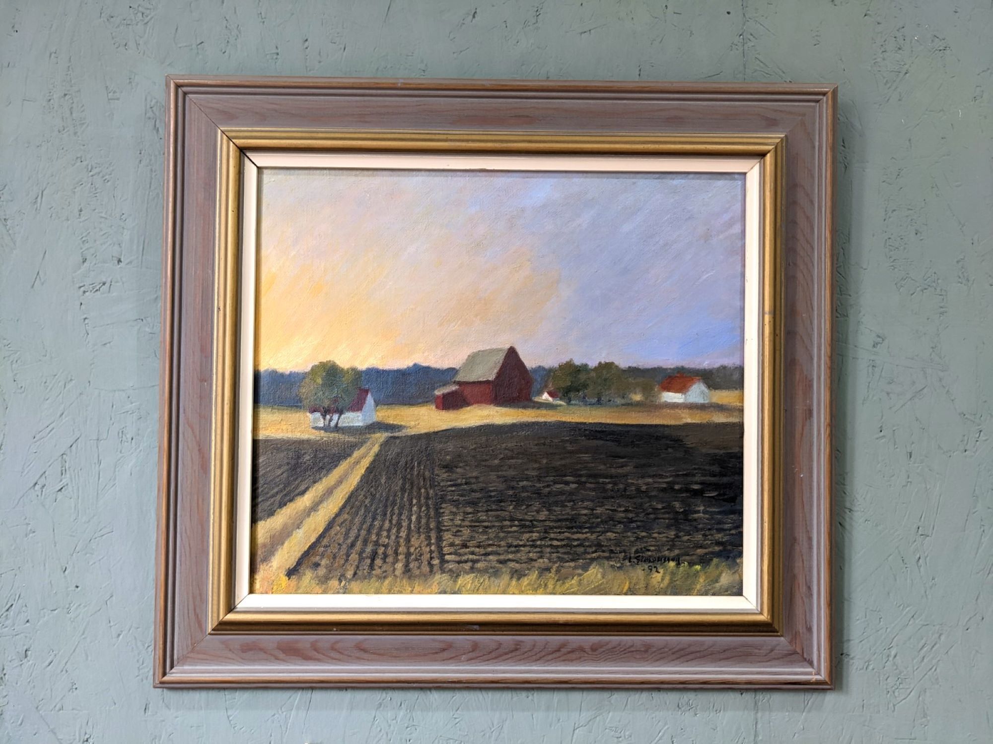 1992 Vintage Modernist Swedish "Sunset Fields" Rural Landscape Oil Painting, Framed