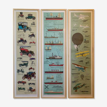Set de 3 affiches encadrées illustrations Tre Tryckare : Automobiles Antiques - Navires à Vapeur - Aviation