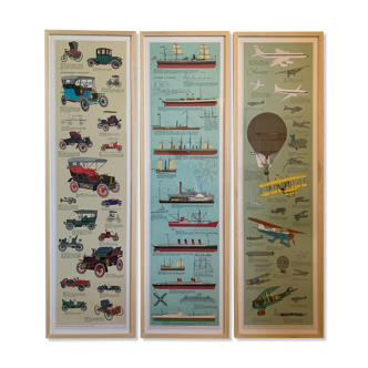 3 Framed posters illustrations Tre Tryckare : Antique Automobiles - Steamships - Aviation