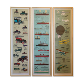 Set de 3 affiches encadrées illustrations Tre Tryckare : Automobiles Antiques - Navires à Vapeur - Aviation