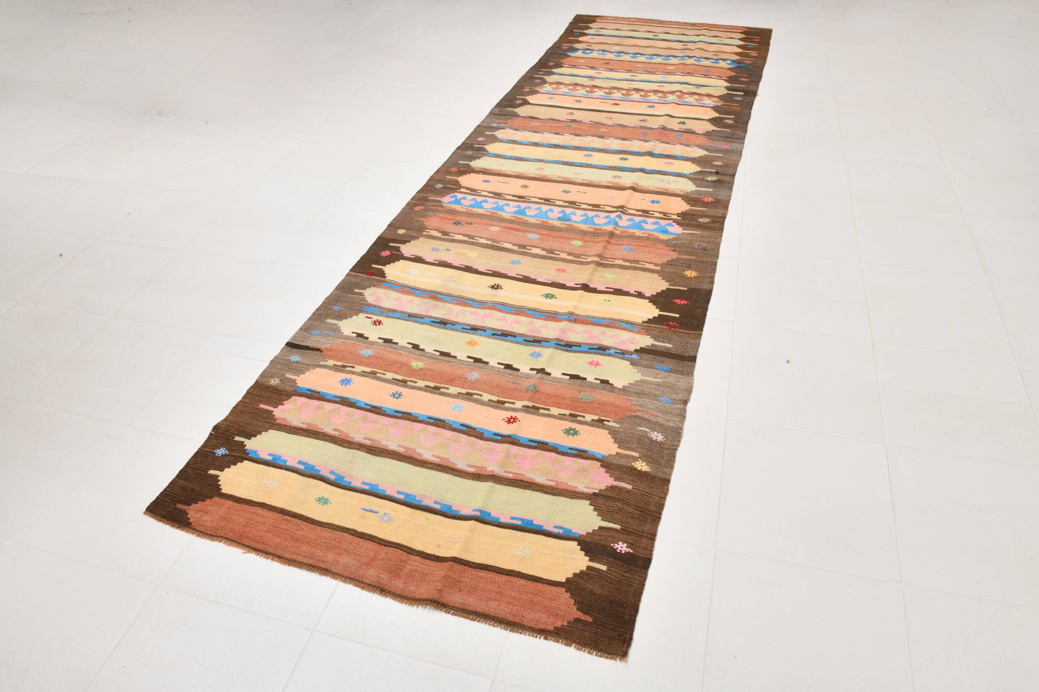 4x13 Beige & Orange Kilim Runner Rug, Wool Runner Rug, Stair Rug, 121x395Cm