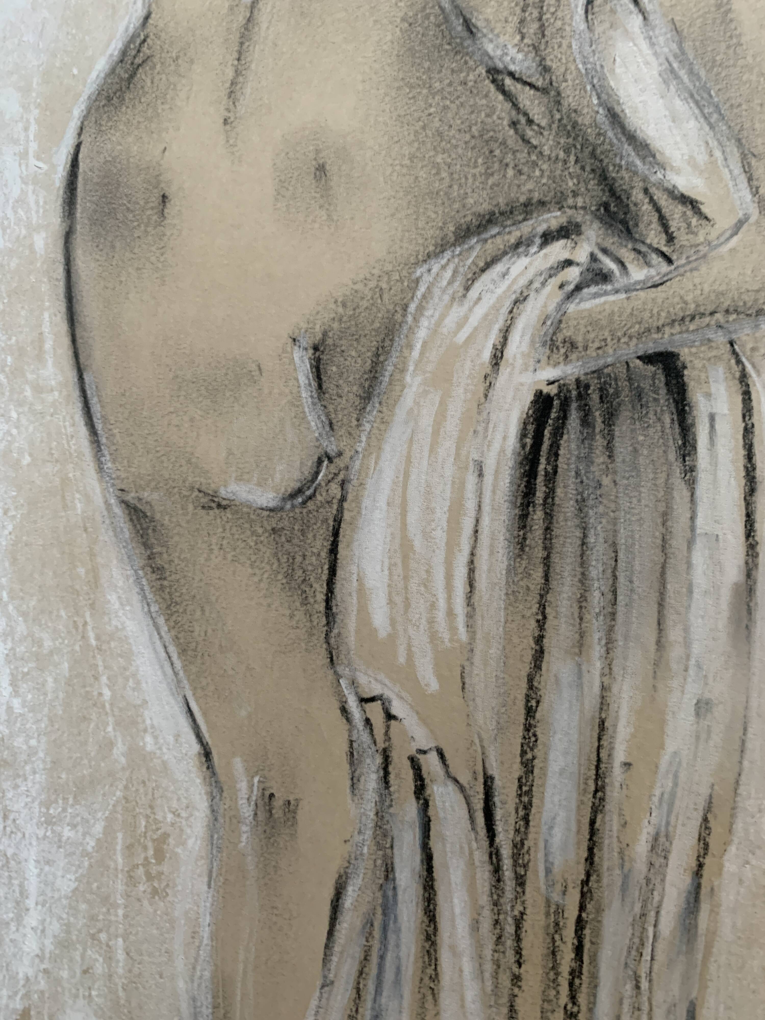 Signed charcoal pastel white portrait of a woman "the white towel"