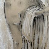 Signed charcoal pastel white portrait of a woman "the white towel"