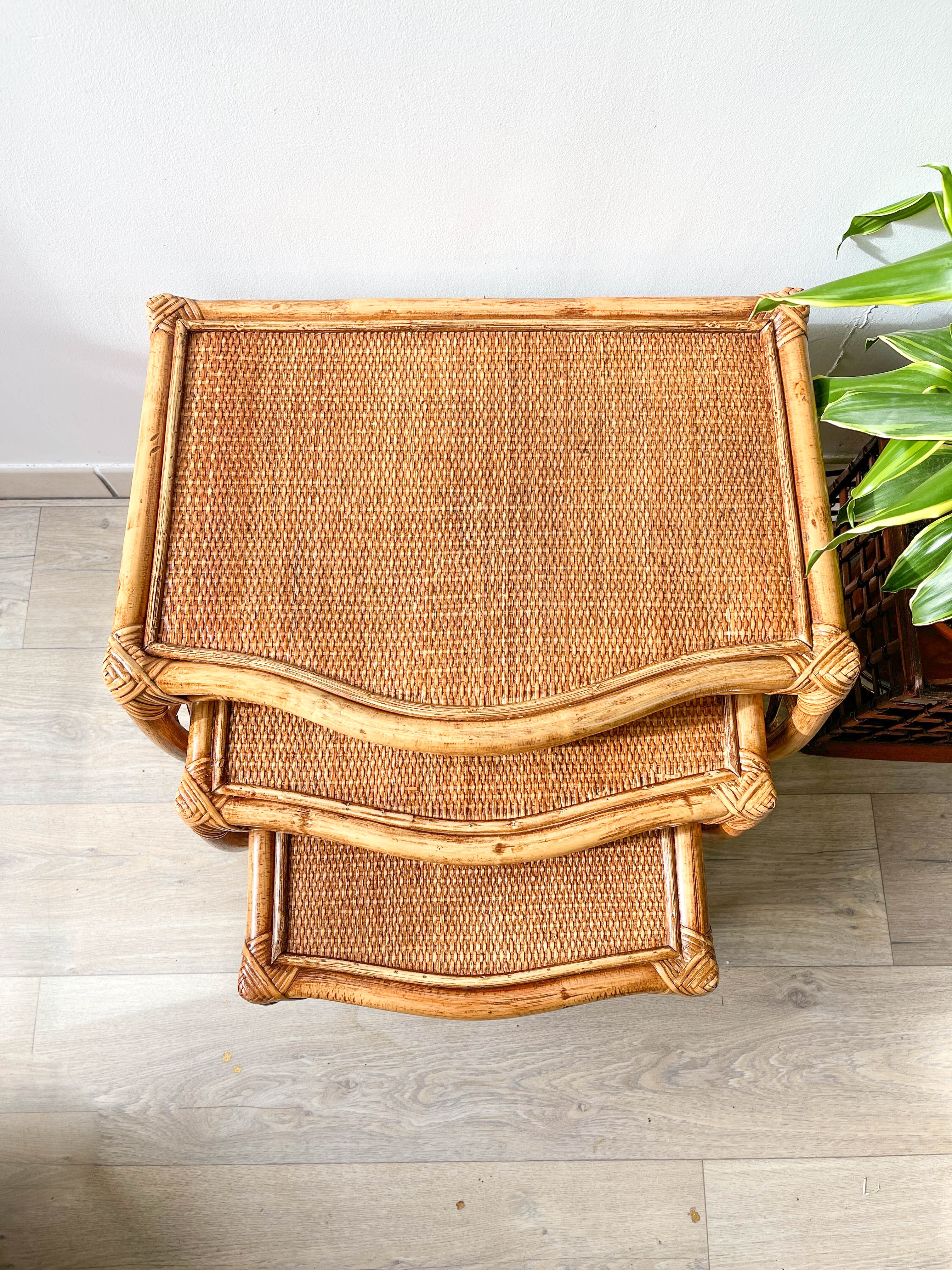 Vintage trundle tables in bamboo and rattan
