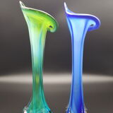 pair of blown glass vases green and blue soliflore