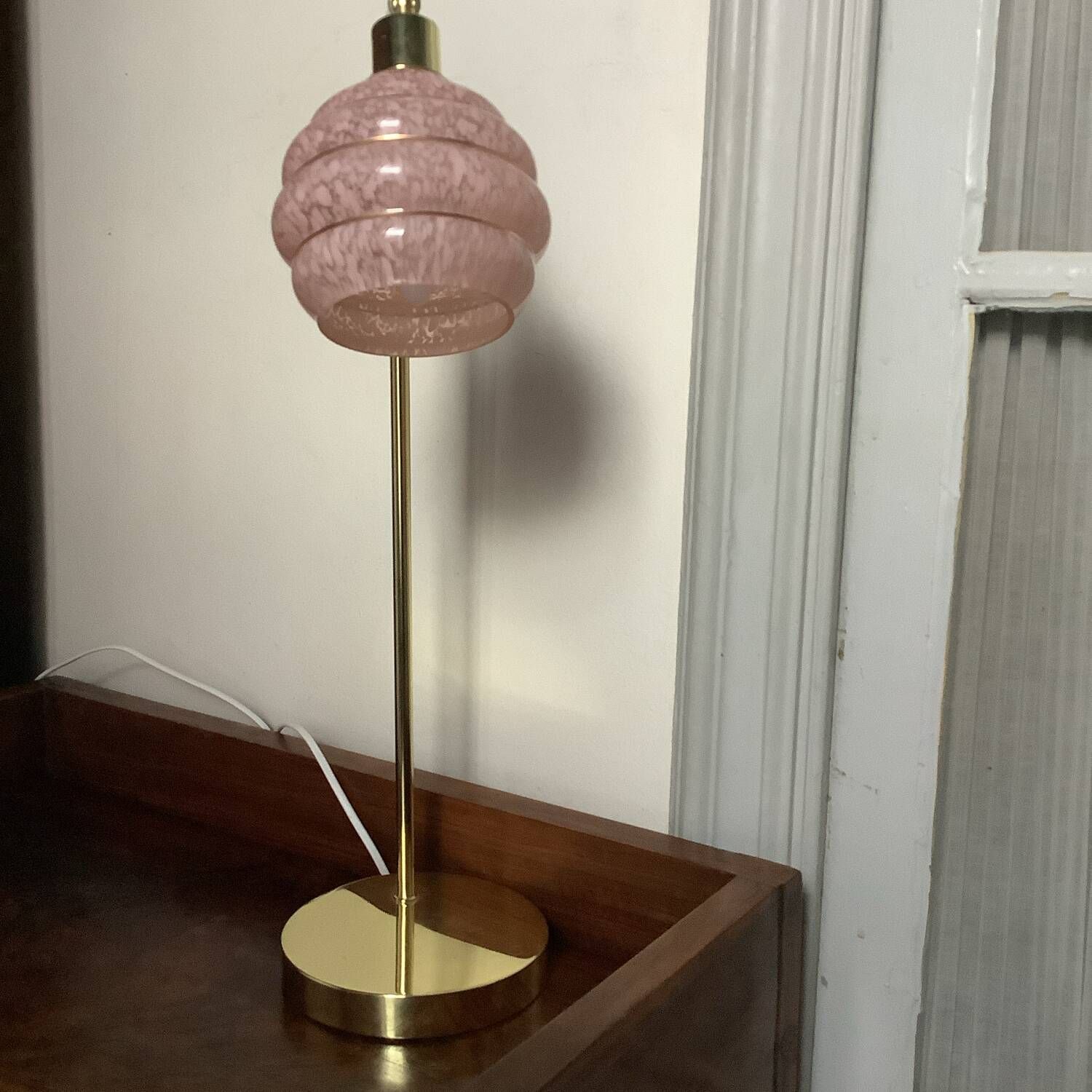 Vintage lamp with golden base and swiveling Clichy glass globe - 60s-70s