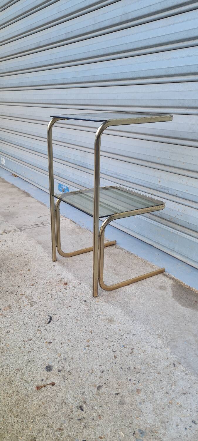 End table in gold metal and smoked glass