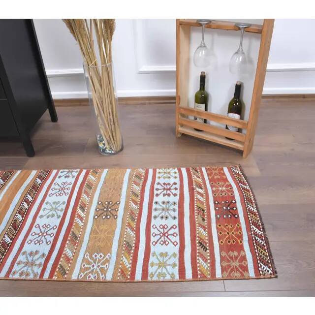 Vintage Turkish Oushak Handmade Wool Cotton Red Kilim Runner 60x214