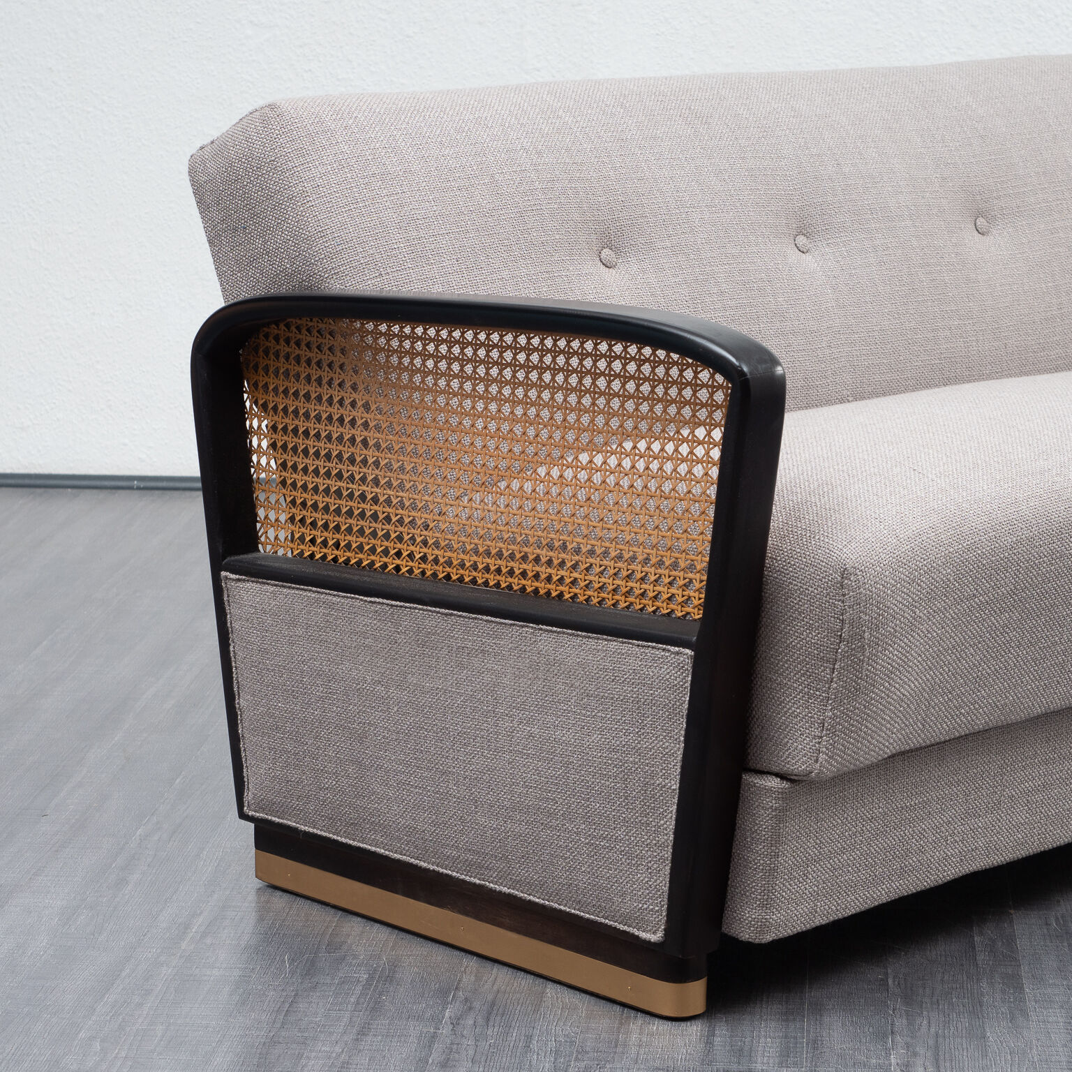 Couch 50s, refurbished, gray, caning