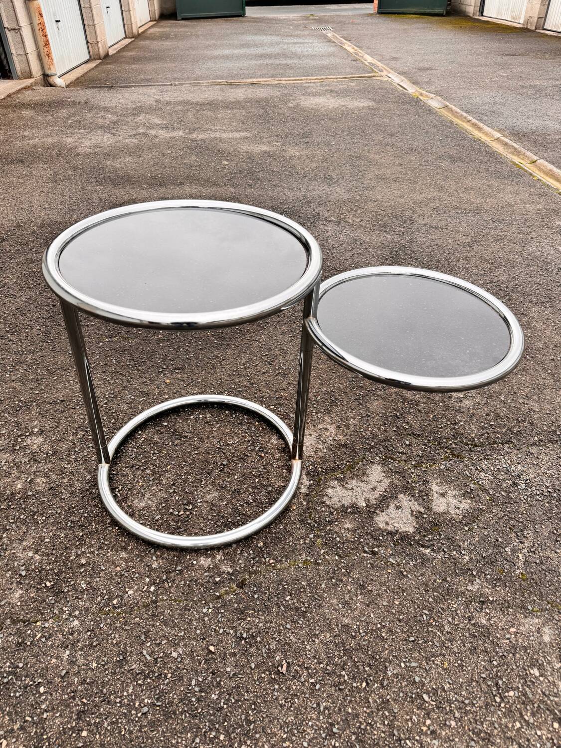 Side table with 2 shelves in chromed metal and smoked glass, circa 1970