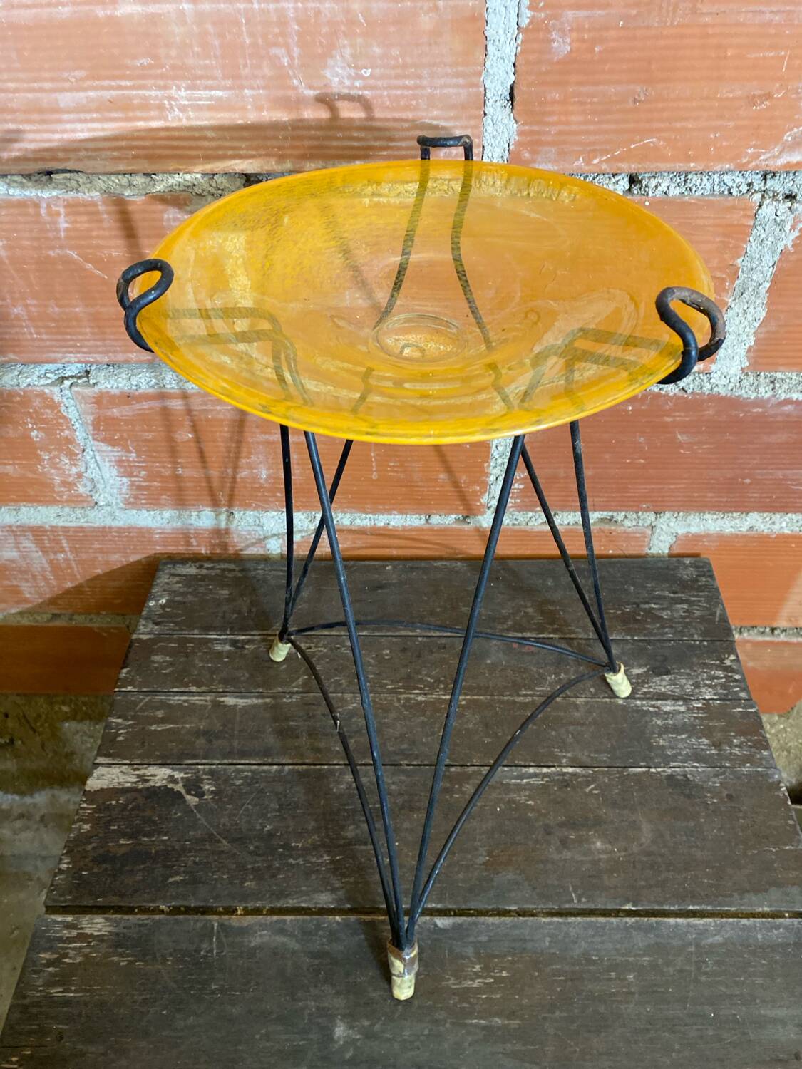 Antique Tripod Side Table Black Metal & Yellow Glass Bowl Years