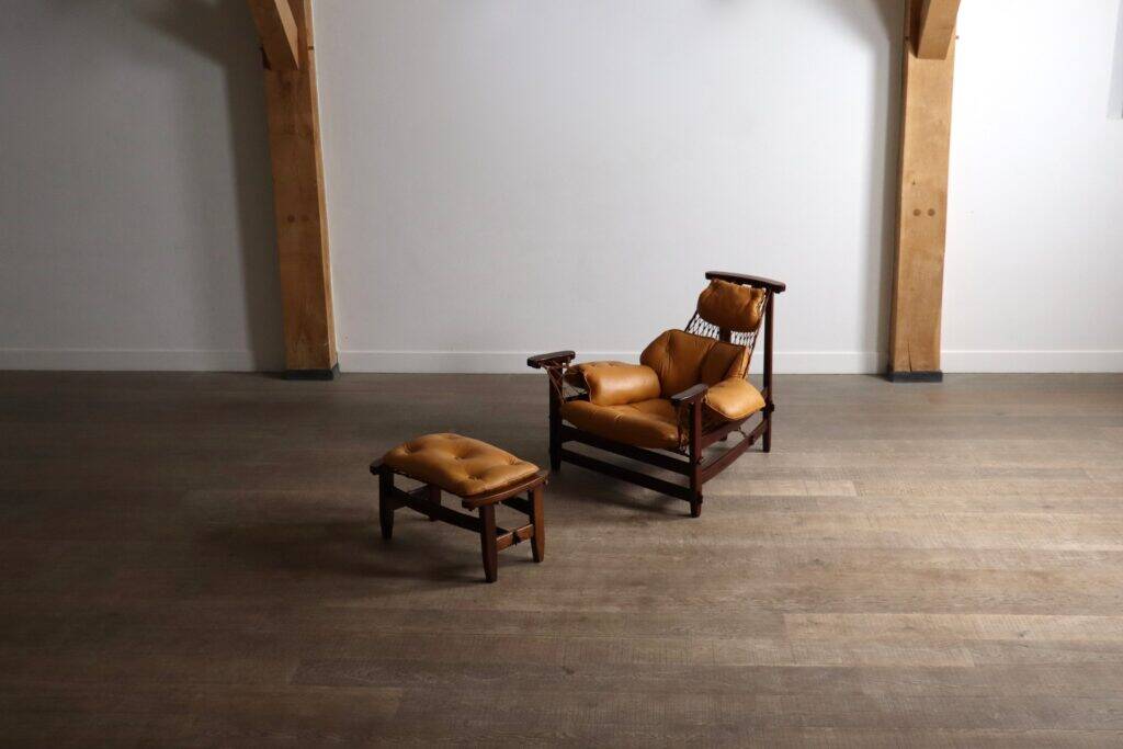 Jangada lounge chair with ottoman in cognac leather by Jean Gillon, Brazil, 1960s