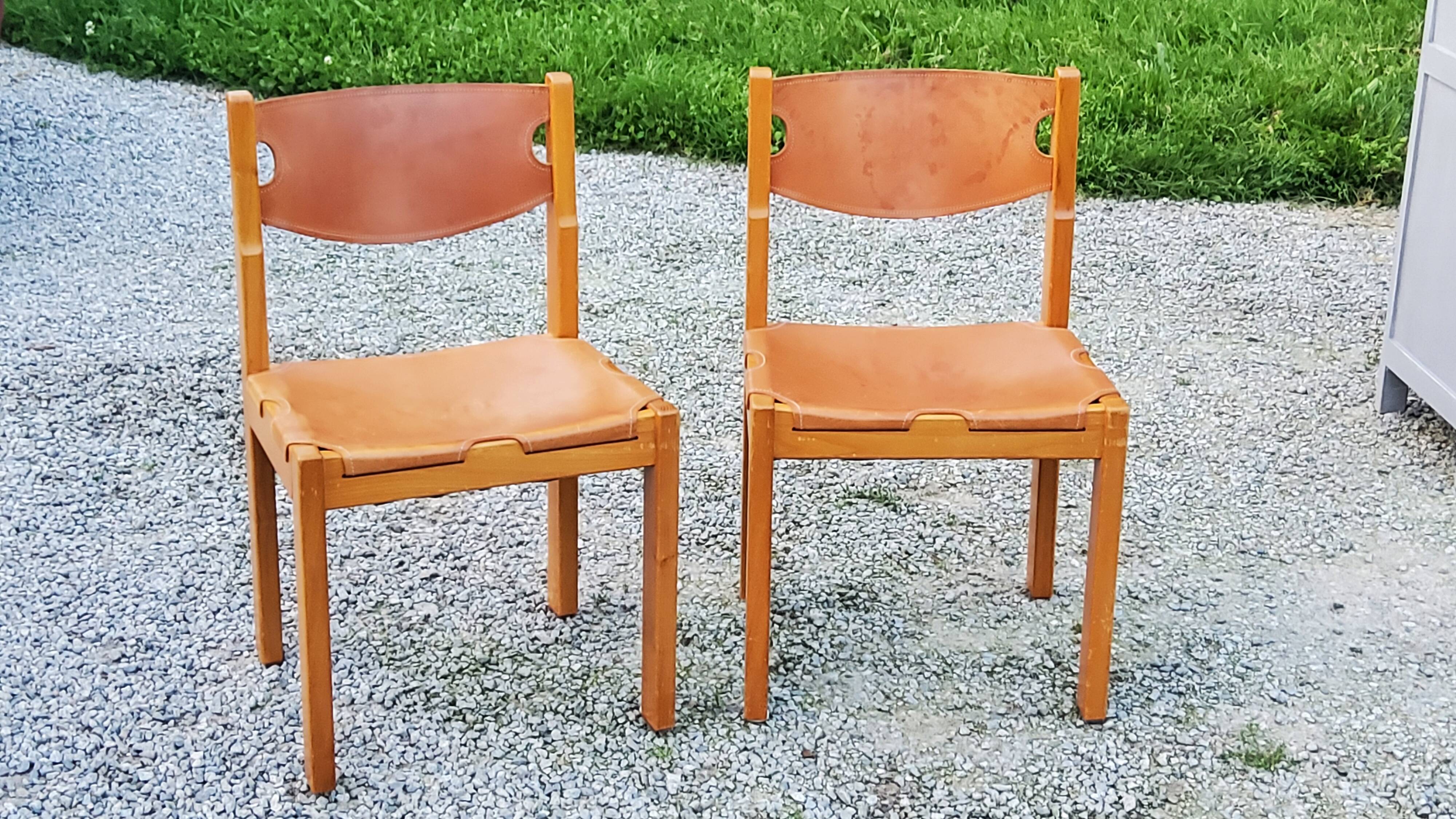 Pair of brutalist chairs in elm and stretched leather with saddle stitching Self publisher