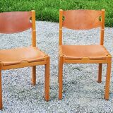 Pair of brutalist chairs in elm and stretched leather with saddle stitching Self publisher