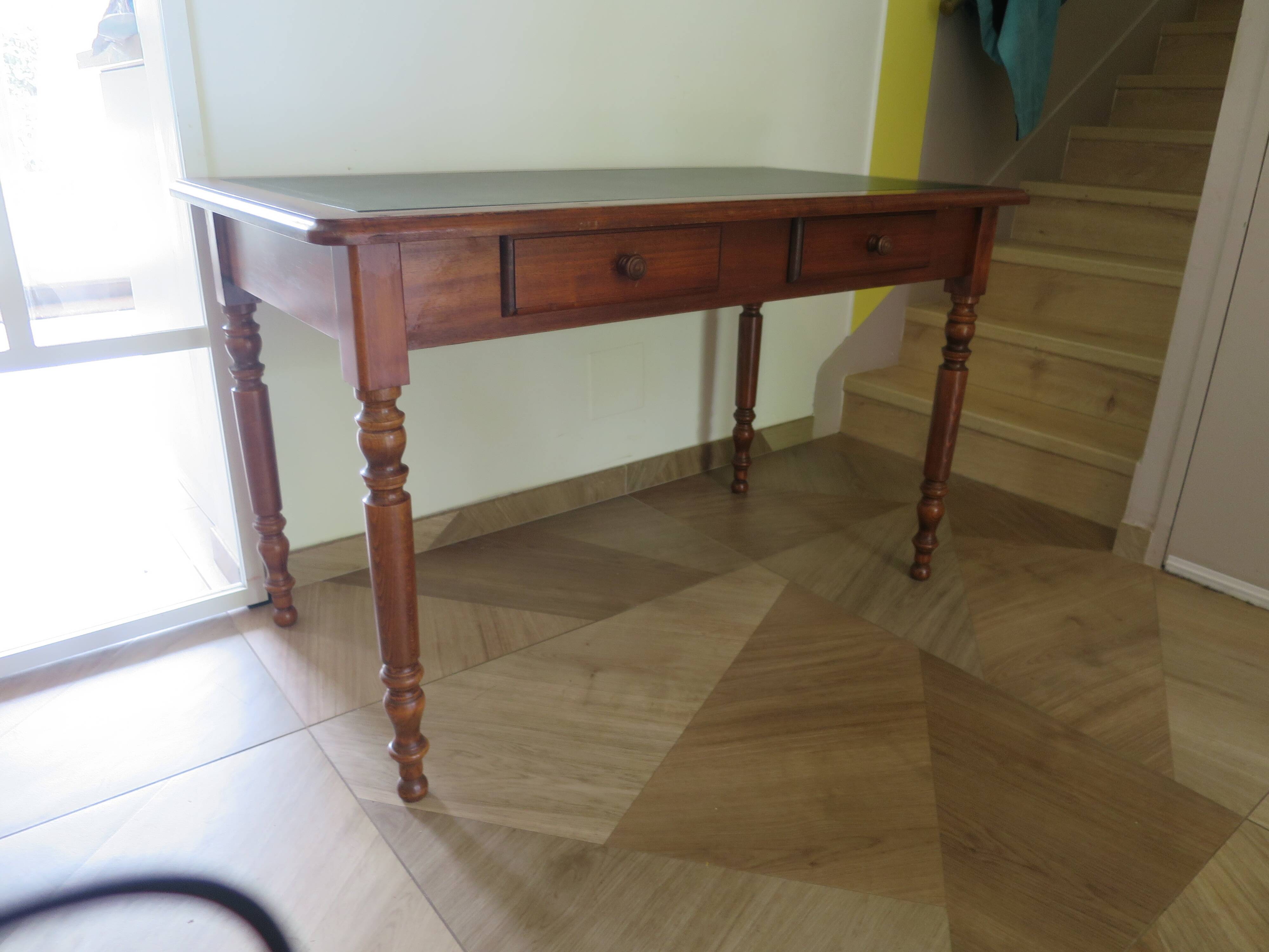 Minister's desk in Louis Philippe style – 2 drawers – cherry wood – green writing pad