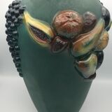 Green ceramic vase with polychrome decoration of fruits and vegetables in relief 33.5 cm