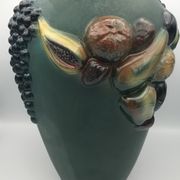 Green ceramic vase with polychrome decoration of fruits and vegetables in relief 33.5 cm