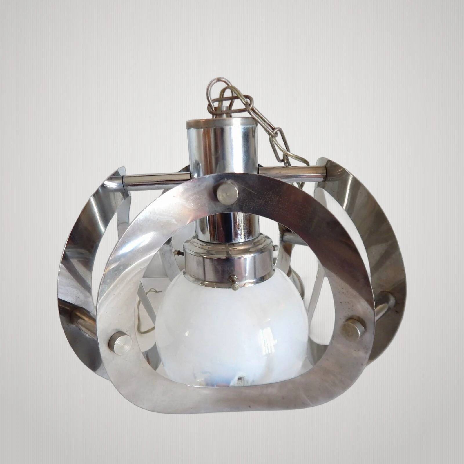 ANTIQUE CHANDELIER MAZZEGA Murano Opalescent Glass and Chrome Metal Pendant Light