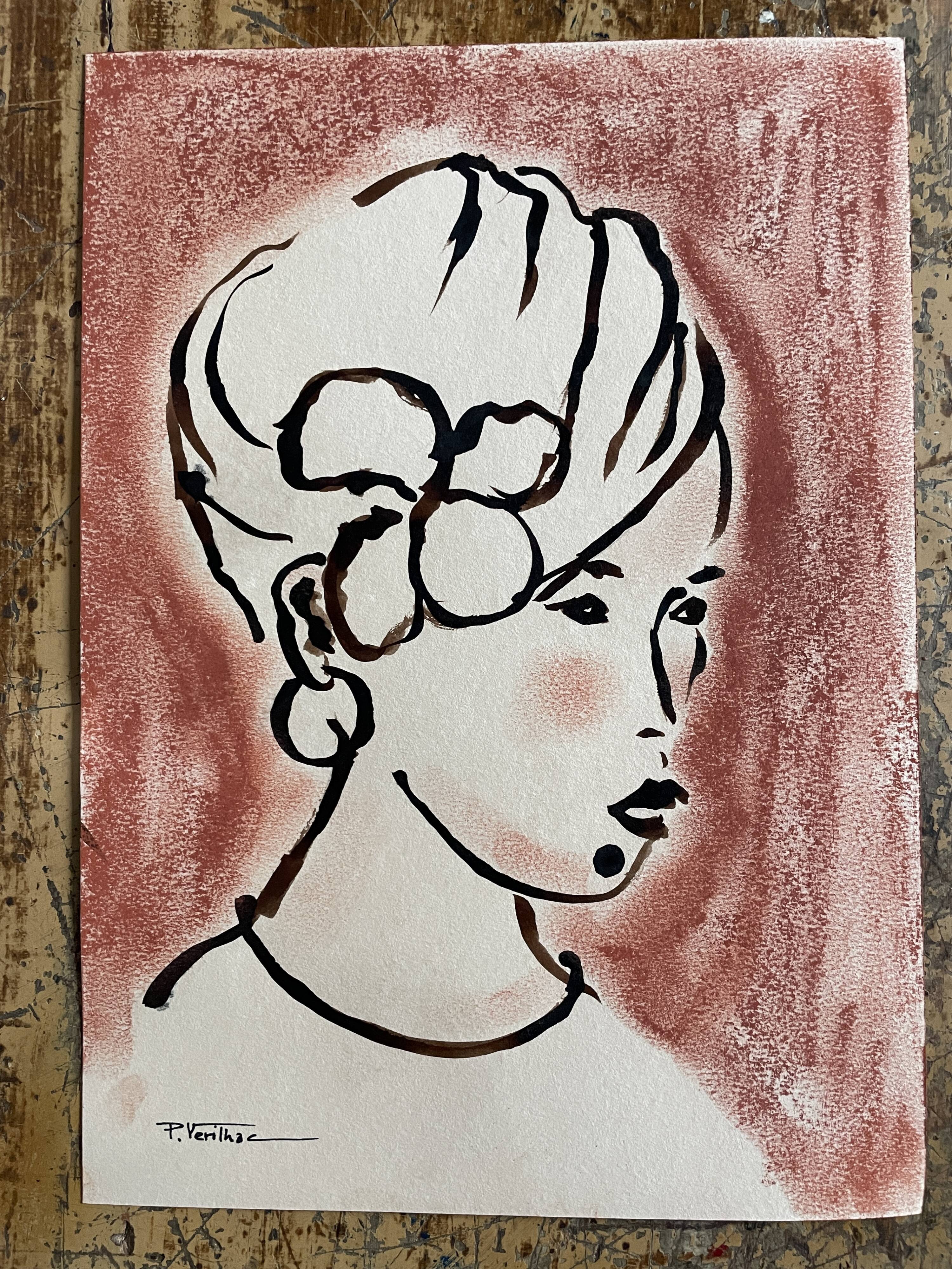Signed painting in Indian ink and pastel, female portrait “study with a curl”