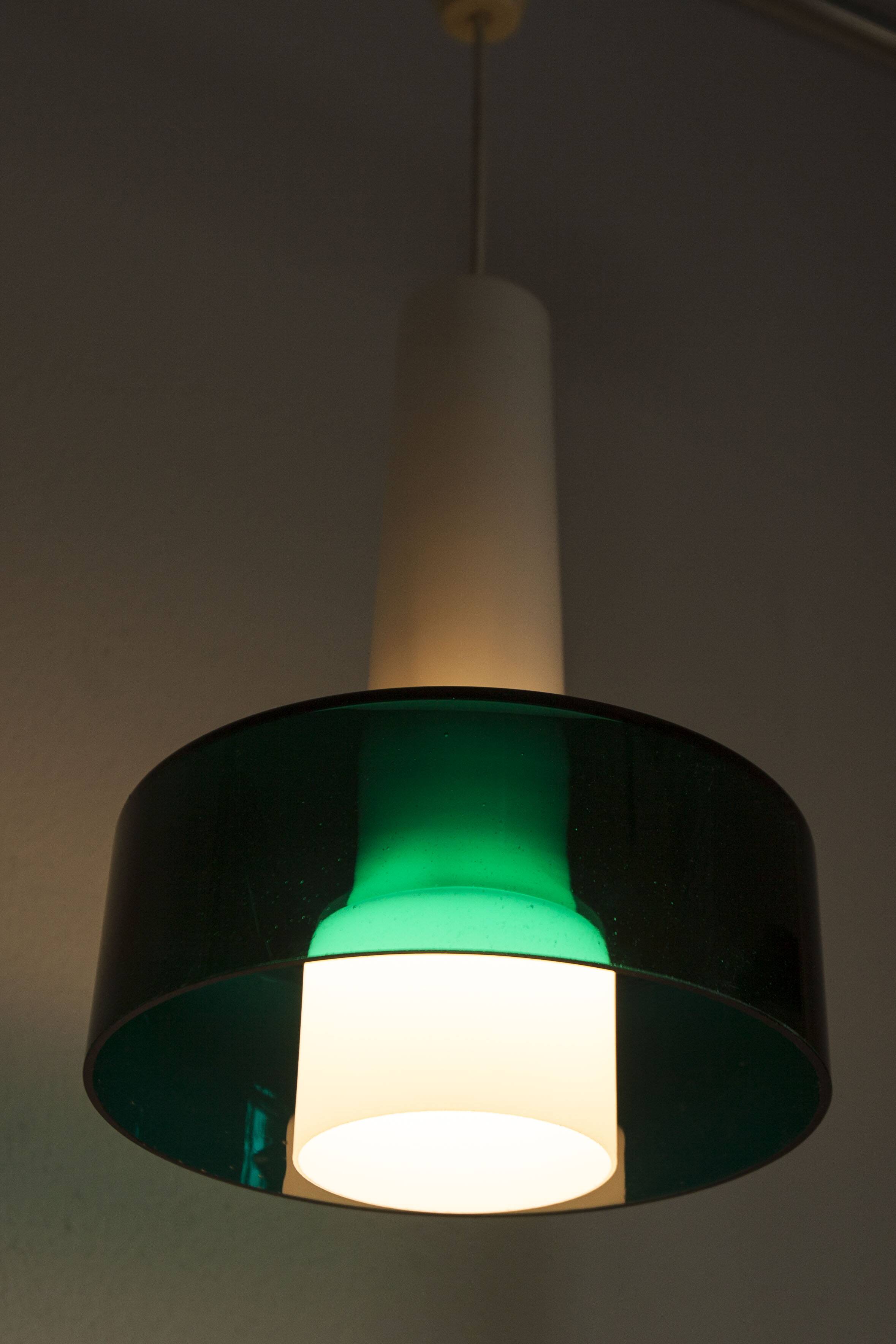 Vintage suspension in 2 elements, white opaline and transparent glass.