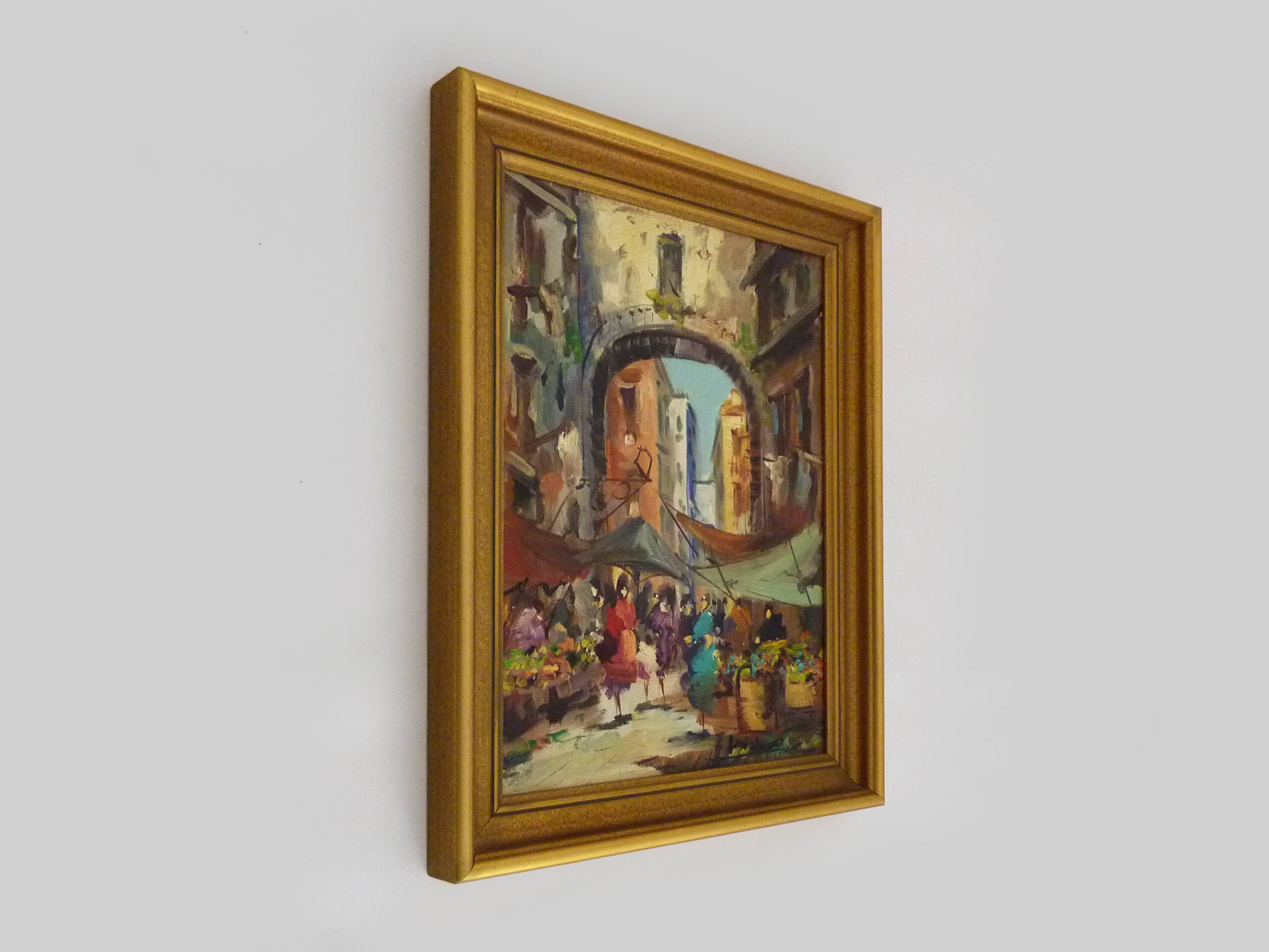Huile sur carton scène de marché 47,5X37 cm - 18,70X14,56 ". Signée