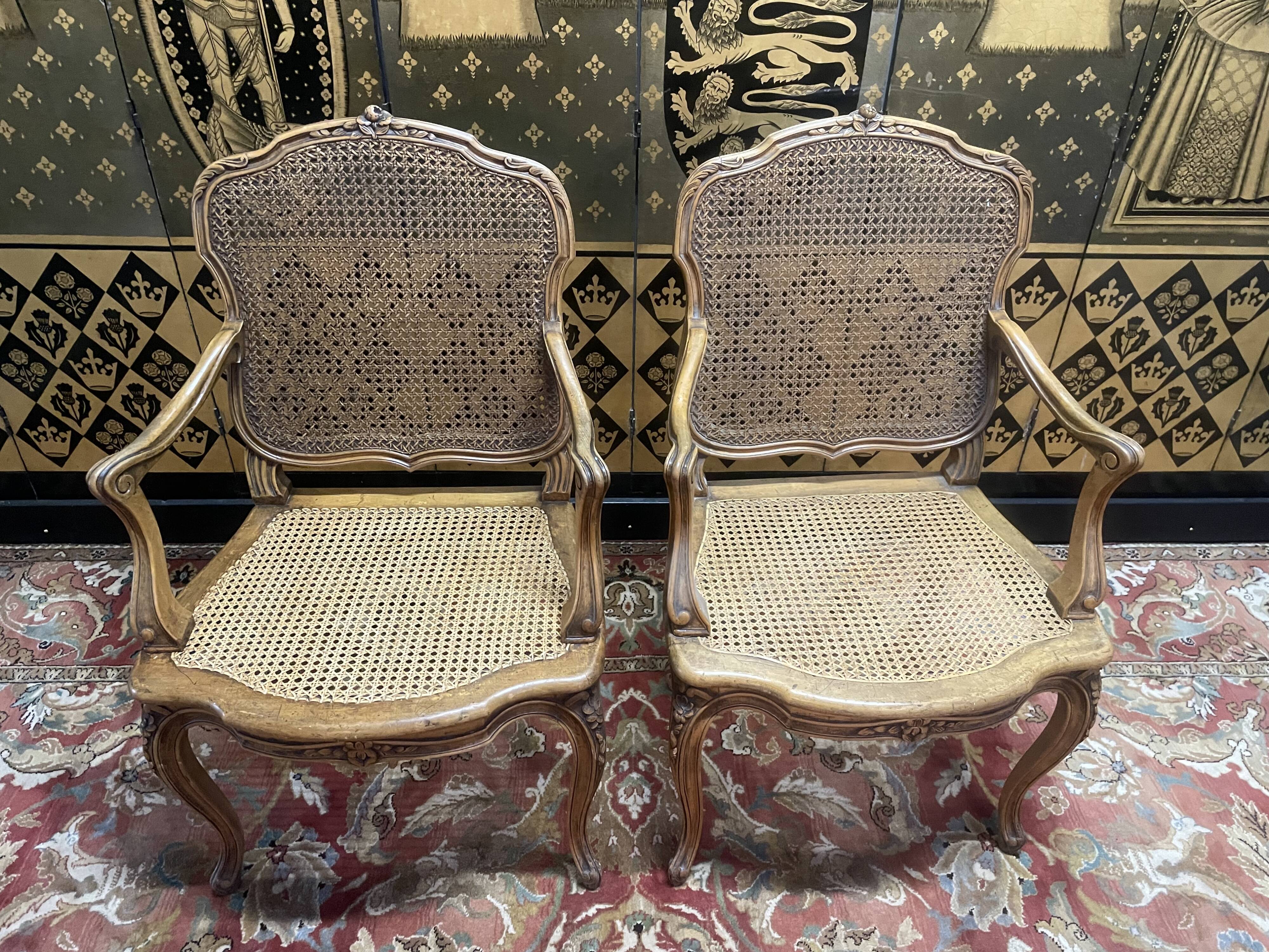 Pair of Louis XV style armchairs in canework