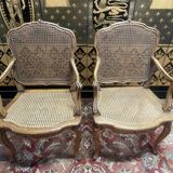 Pair of Louis XV style armchairs in canework