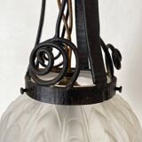 1930s Art Deco pendant light in frosted glass and wrought iron