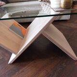 Design coffee table in solid beech and glass top
