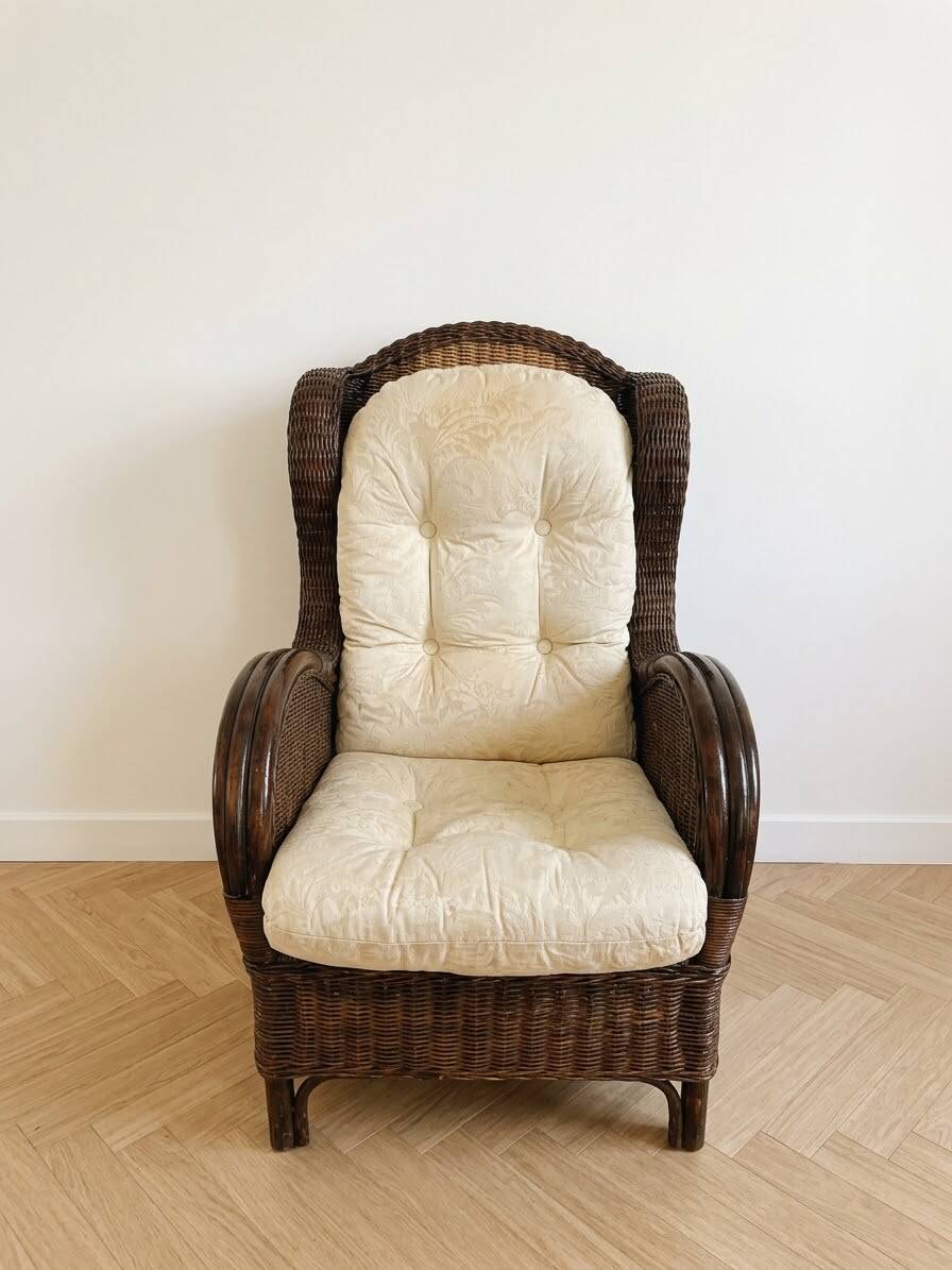 Vintage armchair in rattan and wicker with beige cushion.