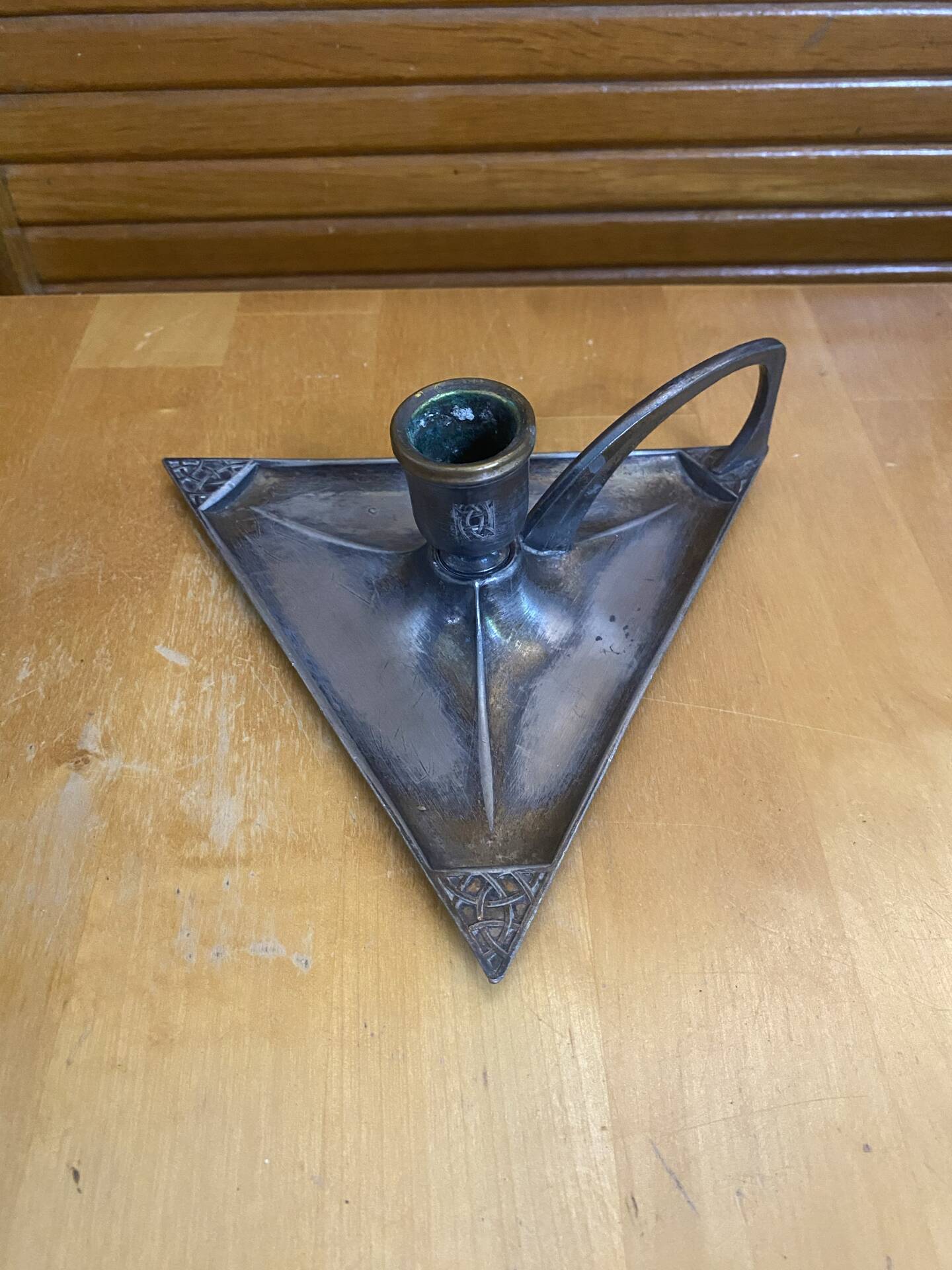 Handheld Candle Holder Art Nouveau Silver Metal Vintage Triangle